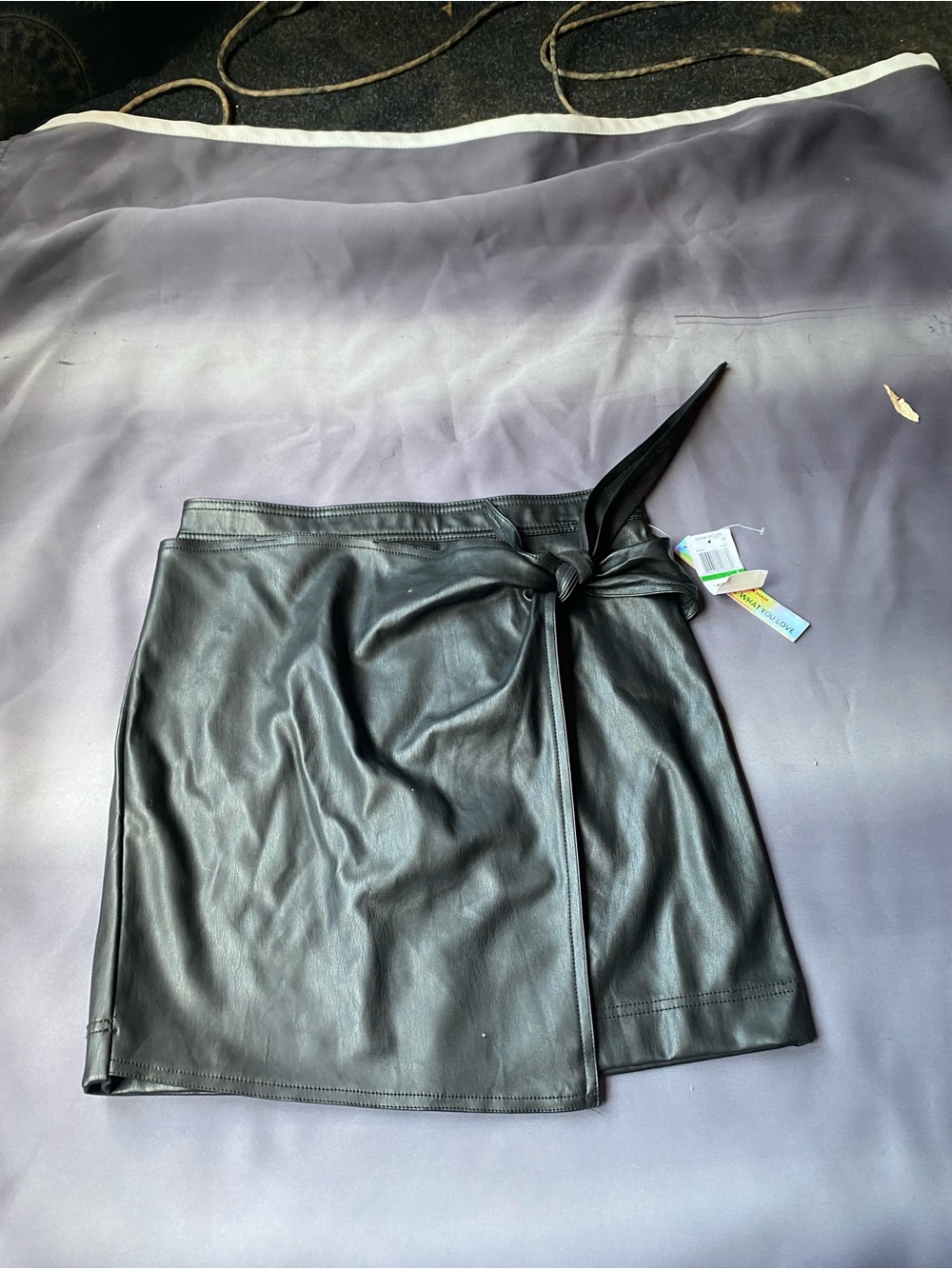 Tinseltown Black Faux Leather Wrap Mini Skirt with Side Tie